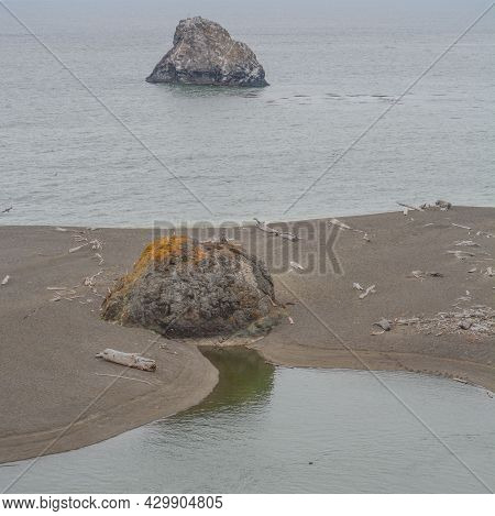 The Russian River When It Flows Into The Pacific Ocean, Located In Ukiah, Sonoma County, California