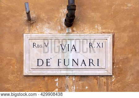 Street Name Via De Funari - Engl: Funari Street - Painted At The Wall In Rome, Italy