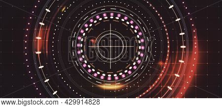 Glowing Round Digital Red Interface On Dark Grid Background. Hud, Innovation, Digital Transformation