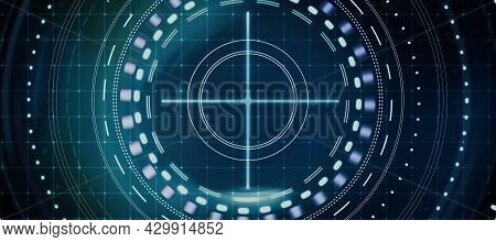 Glowing Round Digital Blue Interface On Dark Grid Background. Hud, Innovation, Digital Transformatio