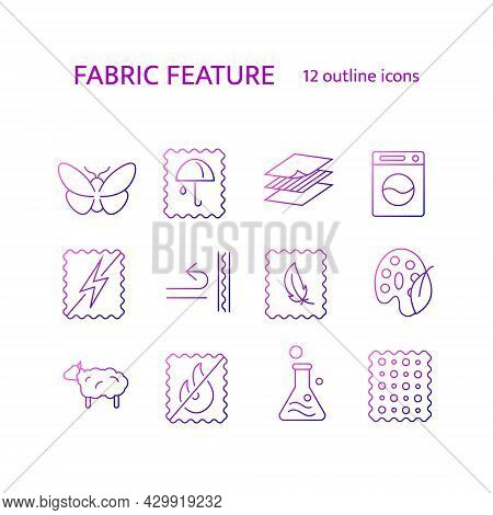 Fabric Diversity Outline Icons Set. Textile Industry. Silk And Wool. Natural Dye, Antistatic. Windpr