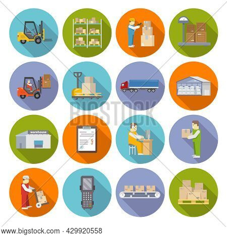 Warehouse Stock And Industrial Storage Icons Flat Set Isolated Vector Illustration