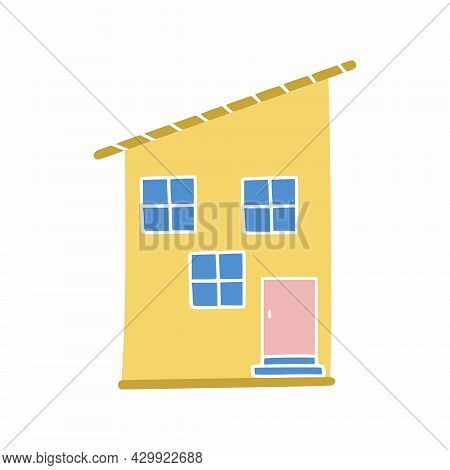 Funny Multi Storey Pink House. Drawing Of  Doodle Style Dwelling.