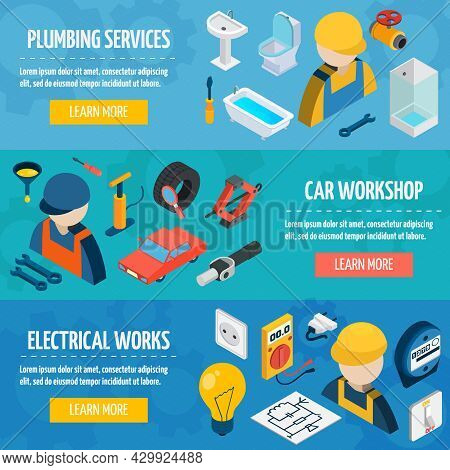 Plumber Mechanic And Electric Worksop And Professional Tools Isometric Horizontal Banner Set Isolate