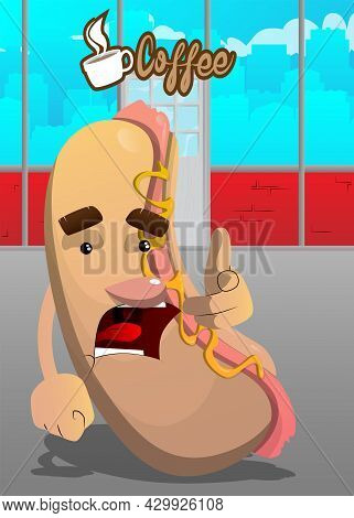 Hot Dog Pointing At The Viewer With His Hand. American Fast Food As A Cartoon Character With Face.