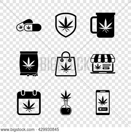 Set Medical Pills With Marijuana, Shield And, Cup Tea, Calendar, Test Tube, Online Buying, Marijuana