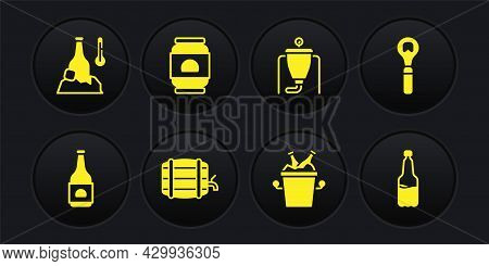 Set Beer Bottle, Bottle Opener, Wooden Barrel On Rack, Bottles In Ice Bucket, Brewing Process, Can, 