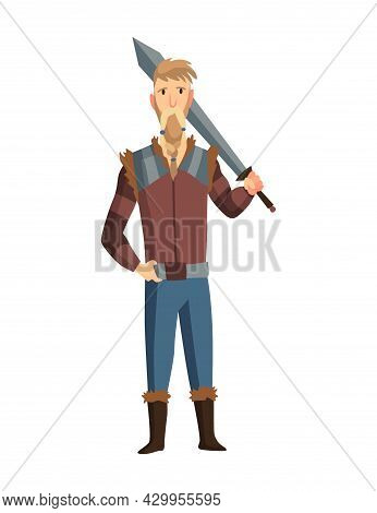 Viking Man With Sword. Bearded Men Warrior Or Hero Of Scandinavian Legends. Cartoon Barbarian Histor
