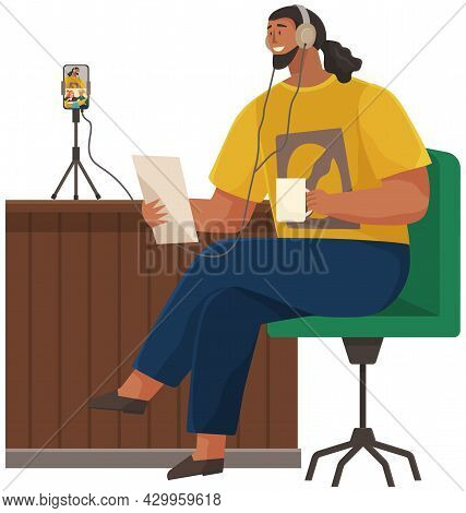 Guy Communicates With Friends Via Video Call. People Communcate Via Internet. Man In Headphones Talk