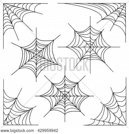 Halloween Horror Cobweb. Nature Black Spider Hanging Net Corner And Elements Of Trap For Borders Or 