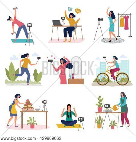 Girl Blogging. Female Broadcasting Production Beauty Blog Recording Video In Self Studio Recent Vect