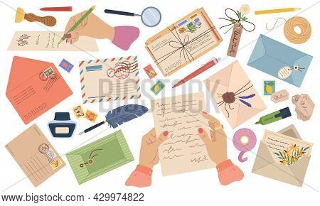 Envelopes, Letters, Paper Mail, Postcards With Stamps And Postmarks. Hands Writing Letter. Wax Seal 