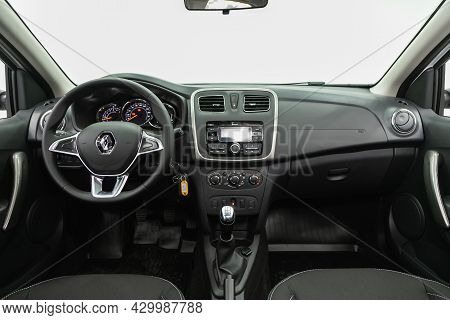 Novosibirsk, Russia - July 15, 2021:   Renault Logan Crossway, Steering Wheel, Shift Lever And Dashb