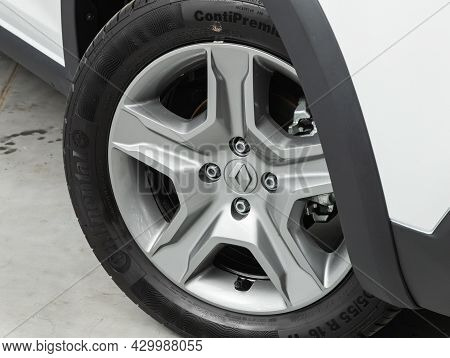 Novosibirsk, Russia - July 15, 2021:   Renault Logan Crossway, Car Wheel With Alloy Wheel And New Ru