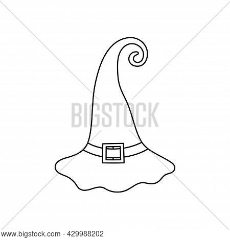 Witch Hat Vector Illustration In Doodle Style. Hand Drawn Wizard Cap For Holiday Halloween. Black Ic