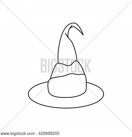 Witch Hat Vector Illustration In Doodle Style. Hand Drawn Wizard Cap For Holiday Halloween. Black Ic