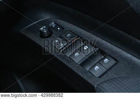Novosibirsk, Russia - July 15, 2021:   Toyota Sienta, Car Door Interior Armrest With Window Control 