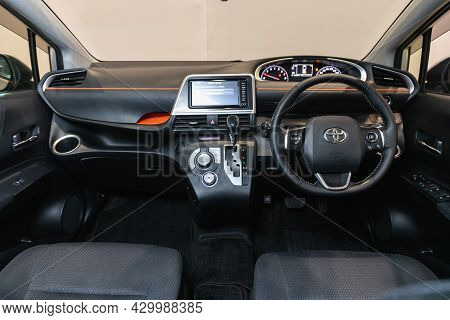 Novosibirsk, Russia - July 15, 2021:   Toyota Sienta, Steering Wheel, Shift Lever And Dashboard, Cli