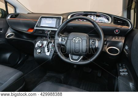 Novosibirsk, Russia - July 15, 2021:   Toyota Sienta, Steering Wheel, Shift Lever And Dashboard, Cli