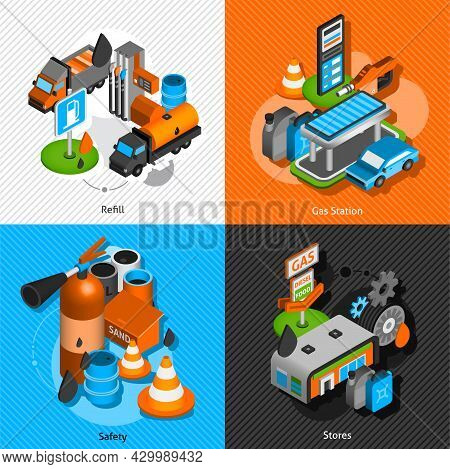 Gas Diesel Station Refuel Pump Convenience Store And Safety Isometric Icons Composition Banner Abstr