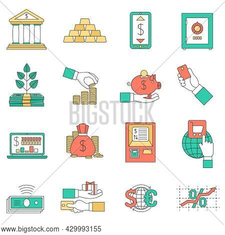 Banking Business With Exchange Rates Cash And Credit Cards Icons Set Flat Isolated Vector Illustrati