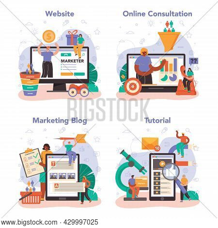 Marketer Online Service Or Platform Set. Brand Or Product Advertising