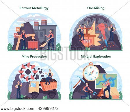 Ferrous Metallurgy Concept Set. Steel Or Metal Extracting And Production