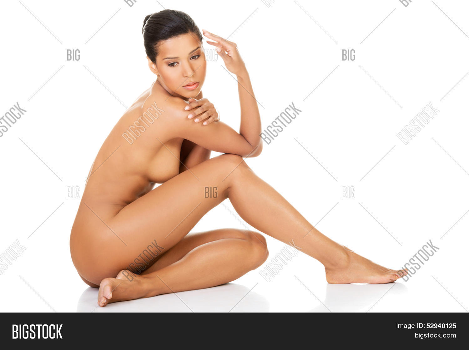 Foto de Naked woman with perfect body on white background, isolate