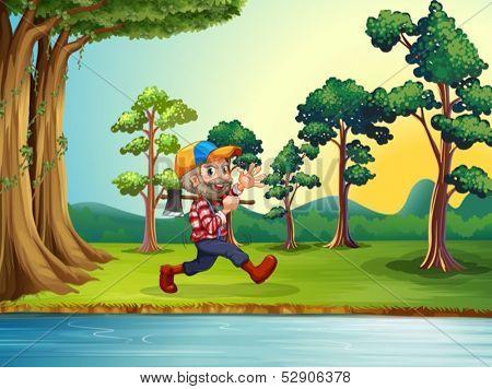 Illustration of a happy woodman walking at the riverbank