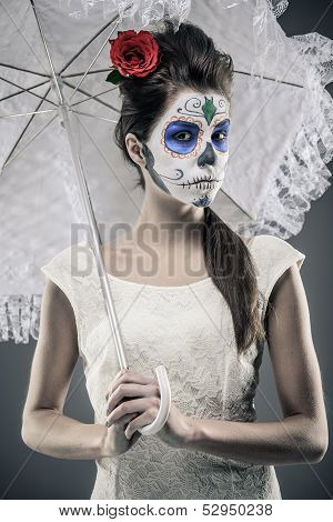 Day Of The Dead Girl With Sugar Skull Makeup Holding Lace Umbrella