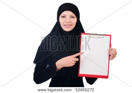 Woman with blank page on white