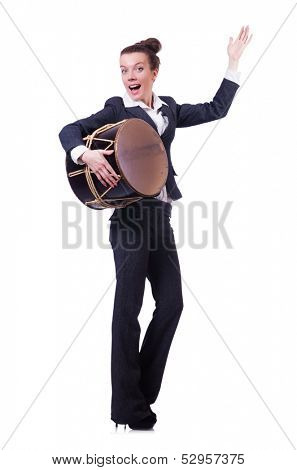 Funny businesswoman with drum isolated on white