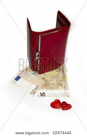 Euro money on white background - red wallet