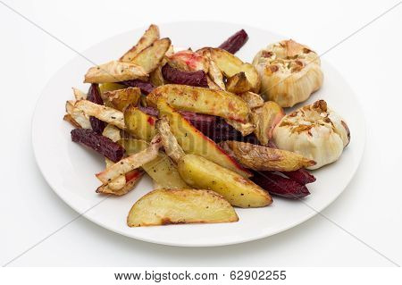 Oven Baked Potatoes, Beetroot, Celeriac And Garlic Bulbs