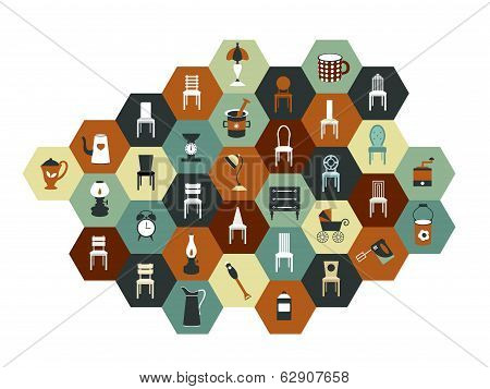 Collection of hexagonal flat icon. Various chairs, lamps and kitchen instruments.