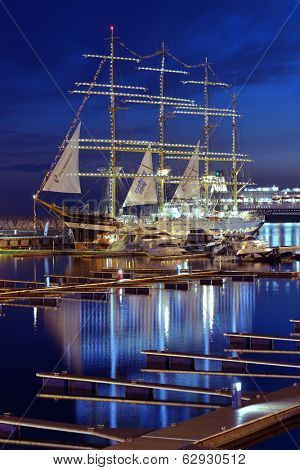 SOCHI, RUSSIA - FEBRUARY 14, 2014: Four masted barque Krusenstern anchored in the port of Sochi. Half hundred cadets work as volunteers on the Winter