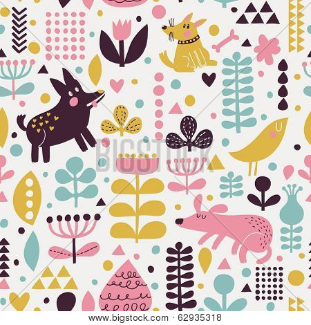 Bright childish seamless pattern with birds and funny dogs in vector. Seamless pattern can be used for wallpapers, pattern fills, web backgrounds,surface textures. Gentle childish wallpaper