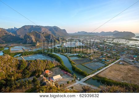 Shrimp farms and limestone mountains in Sam Roi Yot National Park, Thailand