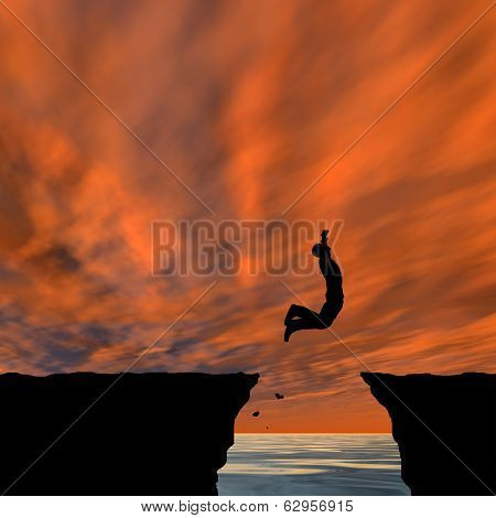 Concept or conceptual young man or businessman silhouette jump happy from cliff over water gap sunset or sunrise sky background