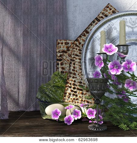 Jewish celebrate pesach passover with eggs, matzo and flowers holiday background