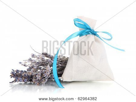 Textile sachet pouch with dried lavender flowers isolated on white