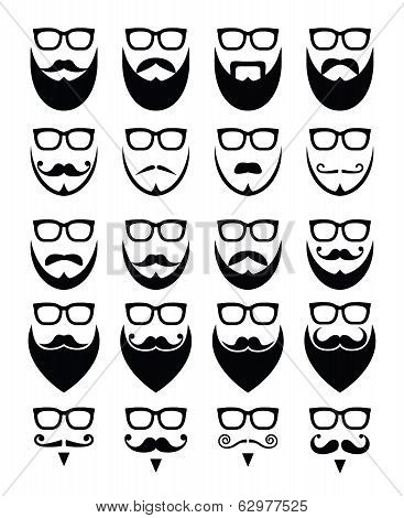 Beard and glasses, hipster icons set
