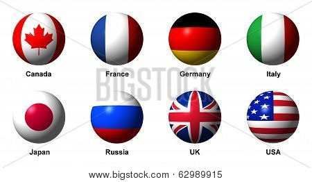 Collage of Flags of the G8 countries with labels
