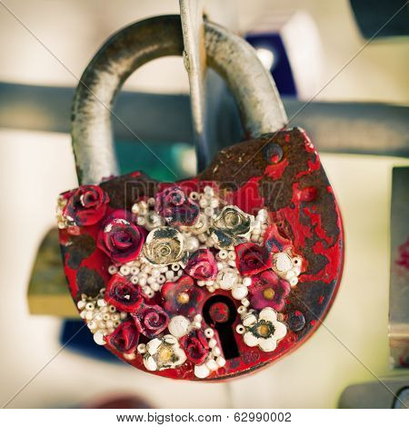 Old Metal Lock With Flowers Key From Heart Of Love, Vintage Background