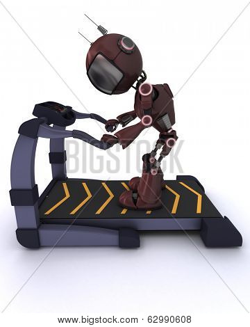 3D render of an Andriod at the gym running on a treadmill