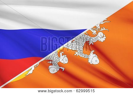 Series Of Ruffled Flags. Russia And Bhutan.