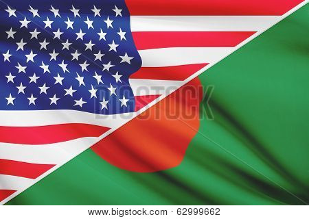 Series Of Ruffled Flags. Usa And Bangladesh.