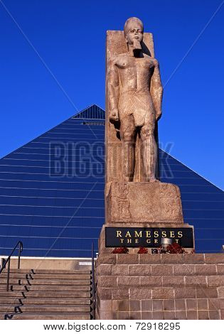 Ramesses statue and Pyramid Arena, Memphis.