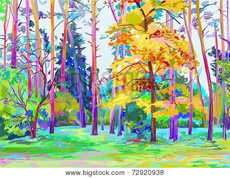 original digital painting of autumn landscape, vector version, a
