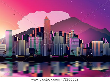 Tropical City Skyline at Night with Reflection Background - Vector Illustration
